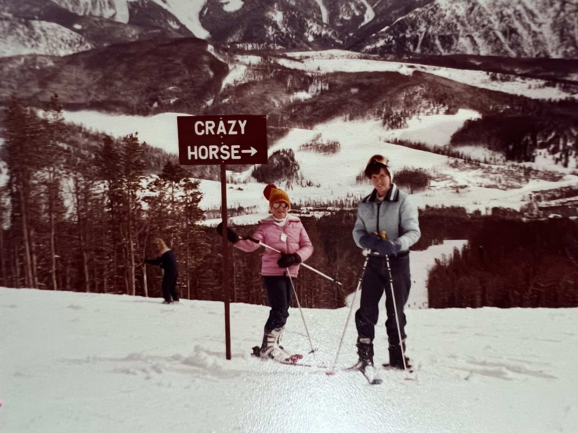 Jones skiing with her sister in 1983