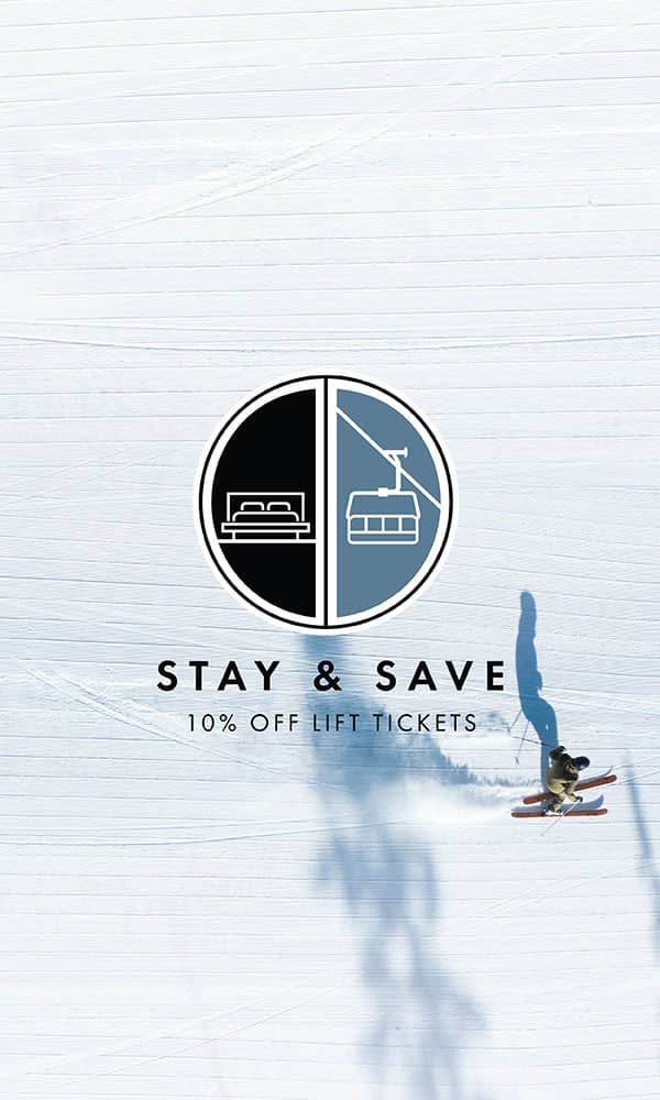 Image of a skier with an icon overlay and the text "Stay & Save: 10% off lift tickets"